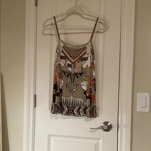 All Saints Aztec Beaded Silk Camisole in Orange, Black, and Cream